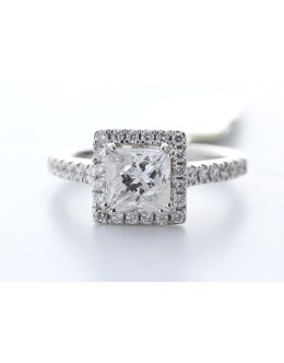 18ct White Gold Single Stone With Halo Setting Ring (1.35) 1.69 Carats