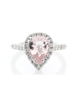 18ct White Gold Pear Shape Pink Morganite Halo Set Diamond Ring 0.56 Carats