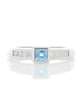 9ct White Gold Channel Set Diamond and Princess Cut Blue Topaz Ring 0.20 Carats