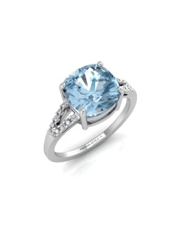 9ct White Gold Cushion Cut Blue Topaz With Diamond Set Shoulders Ring 0.06 Carats