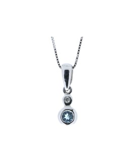 9ct White Gold Single Stone Rub Over Set Diamond Blue Topaz Pendant 0.02 Carats