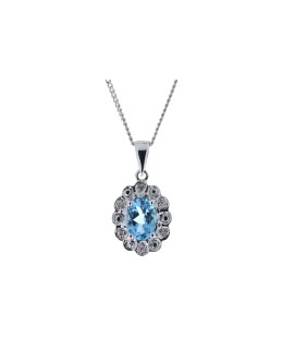 9ct White Gold Fancy Cluster Diamond Blue Topaz Pendant 0.02 Carats