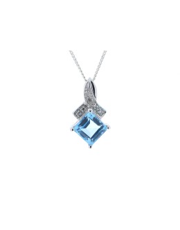 9ct White Gold Diamond And Blue Topaz Pendant 0.02 Carats