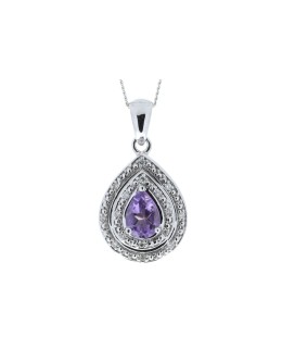 9ct White Gold Amethyst Pear Shaped Cluster Diamond Pendant 0.08 Carats