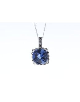 9ct White Gold Created Ceylon Sapphire Diamond Pendant 0.05 Carats