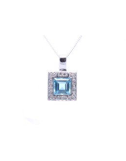 9ct White Gold Blue Topaz Diamond Cluster Pendant 0.04 Carats