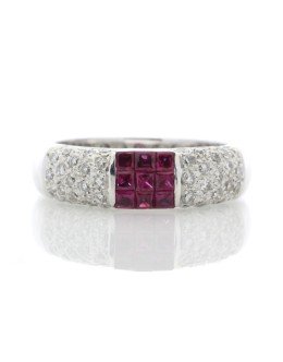 18ct White Gold Grain Set Semi Eternity Diamond And Ruby Ring (R 0.53) 0.49 Carats